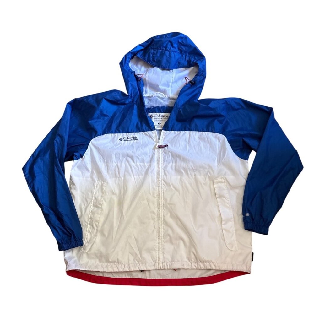 Columbia Windbreaker Hood Mens XL Blue & White Red Trim Jacket Zipper Retro